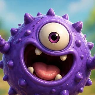 A round purple one-eyed gum monster grinning happily