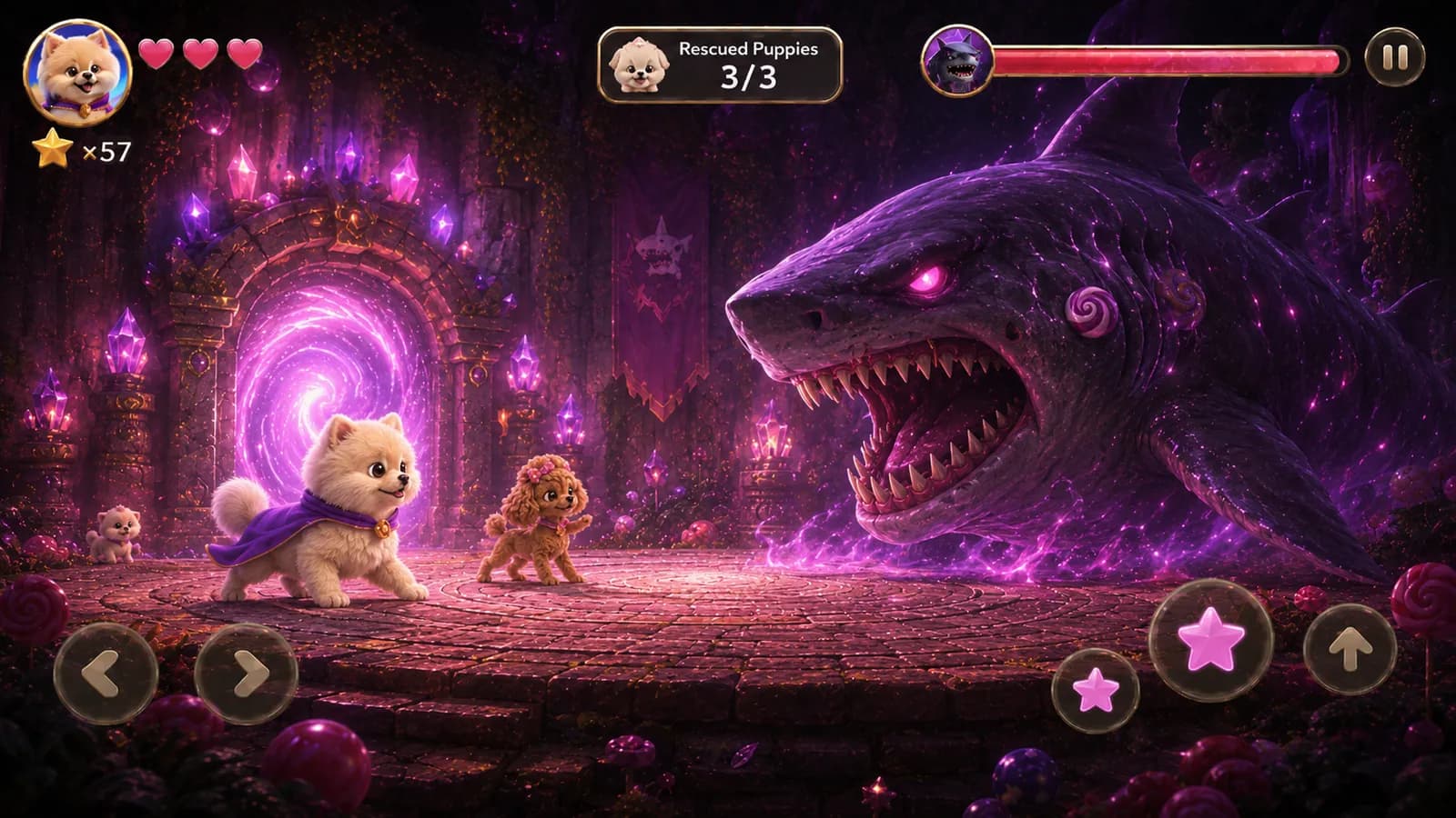 JJay and Luma standing brave before a giant glowing purple shark in a dark cavern
