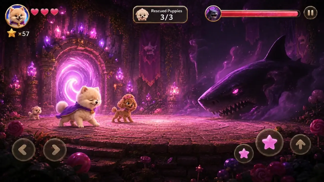 JJay mid-leap, purple cape flying, blasting a swirl of pink gum magic from his paw